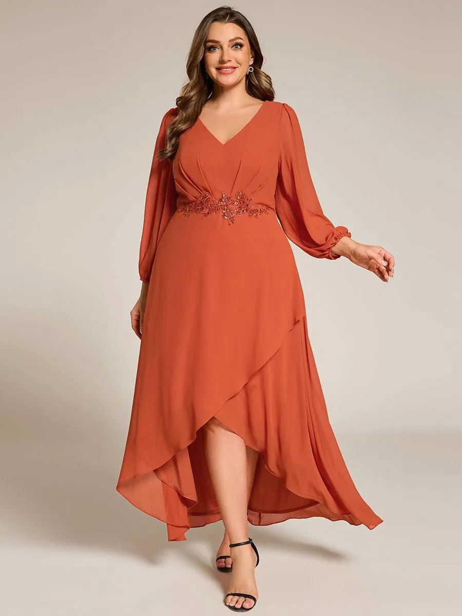 Robe de soirée en mousseline de soie à manches longues et col en V grande taille