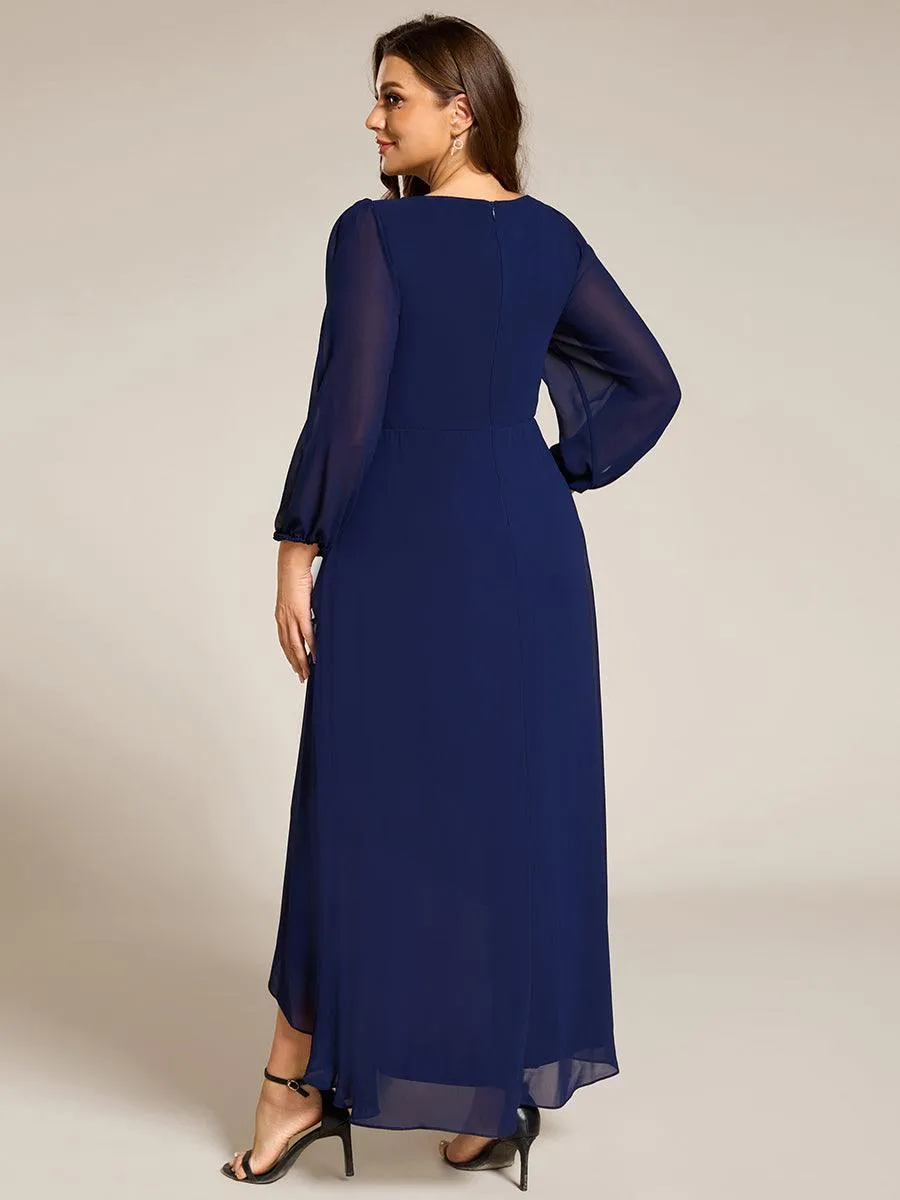 Robe de soirée en mousseline de soie à manches longues et col en V grande taille