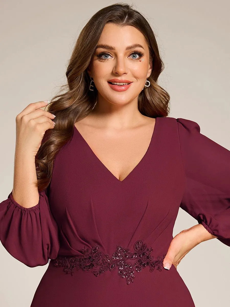 Robe de soirée en mousseline de soie à manches longues et col en V grande taille