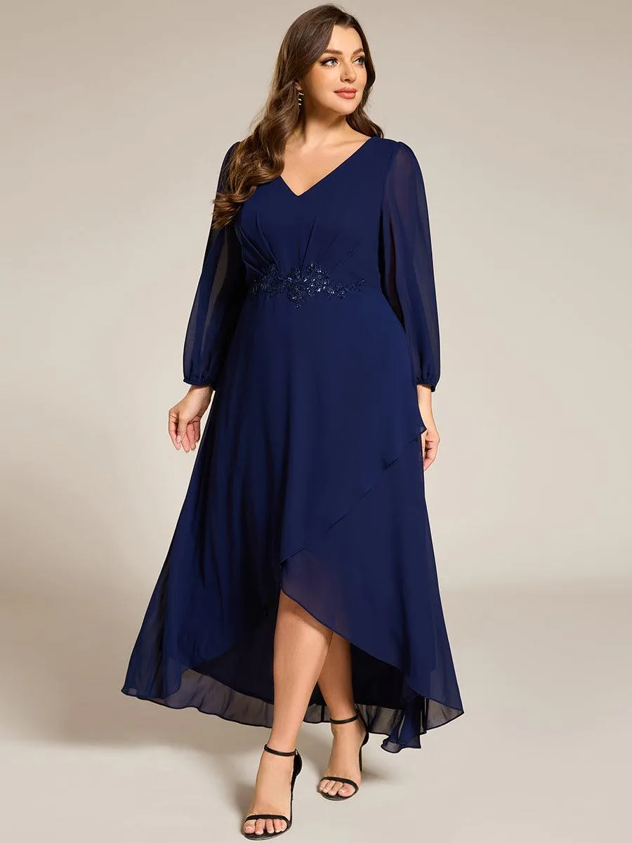 Robe de soirée en mousseline de soie à manches longues et col en V grande taille
