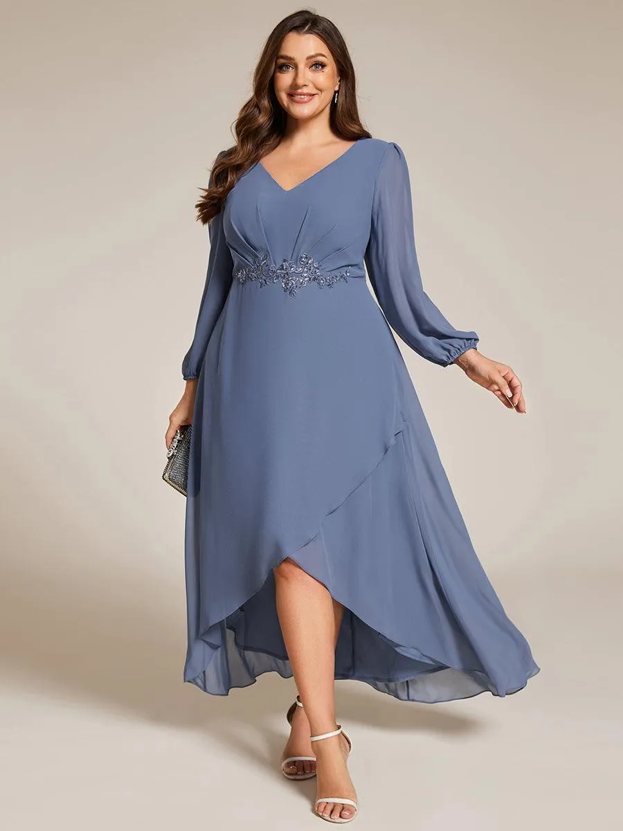 Robe de soirée en mousseline de soie à manches longues et col en V grande taille