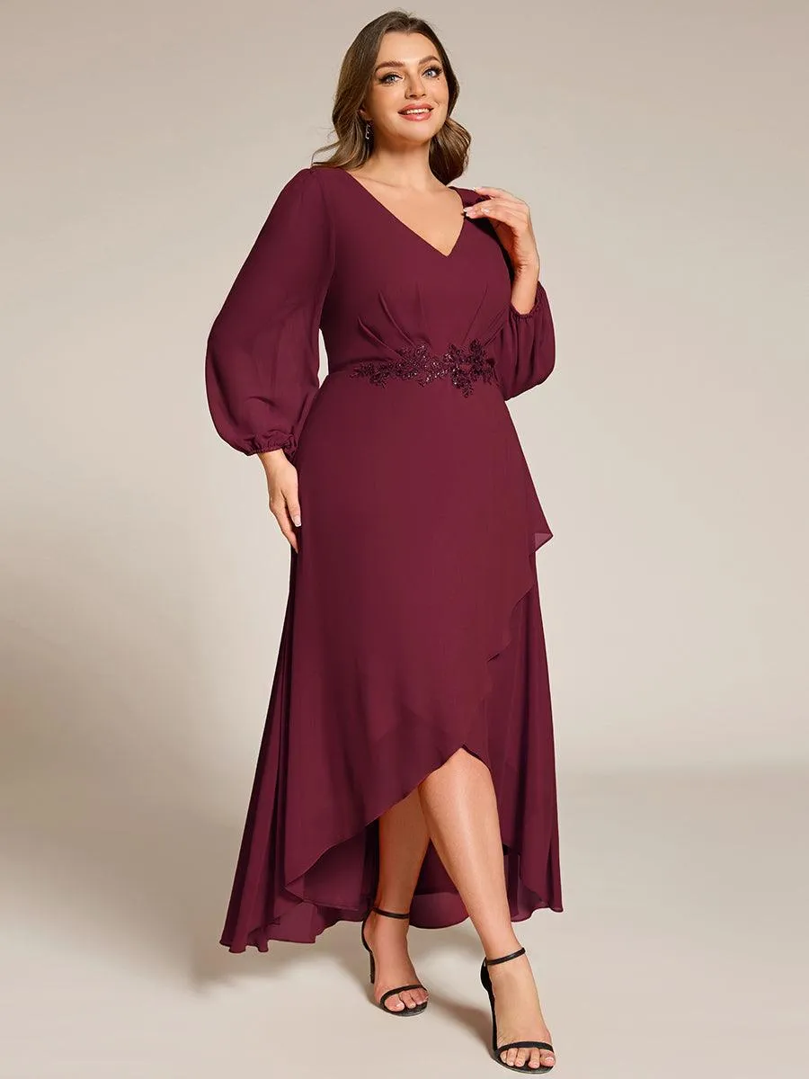 Robe de soirée en mousseline de soie à manches longues et col en V grande taille