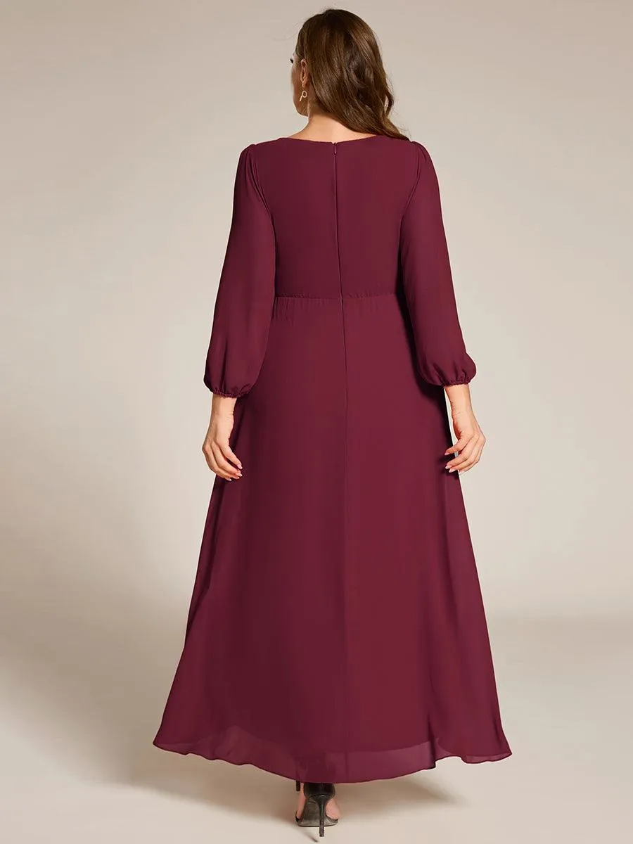 Robe de soirée en mousseline de soie à manches longues et col en V grande taille