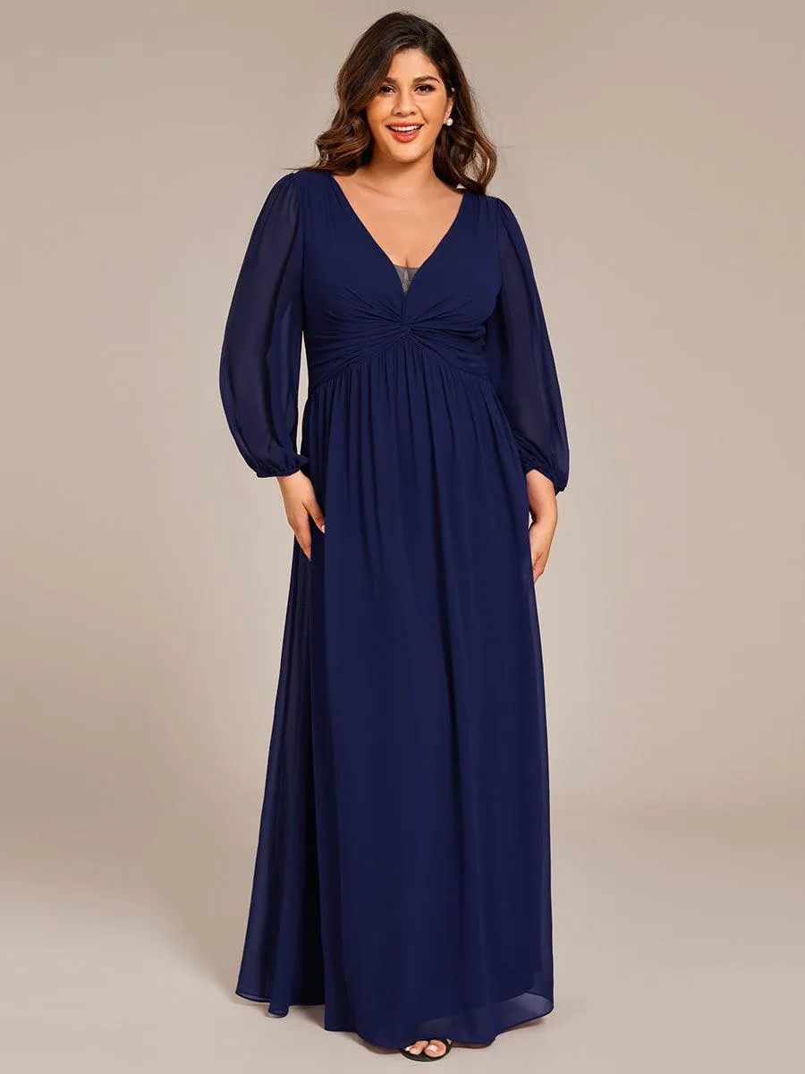 Robe de soirée formelle en mousseline de soie à manches longues et coupe trapèze grande taille