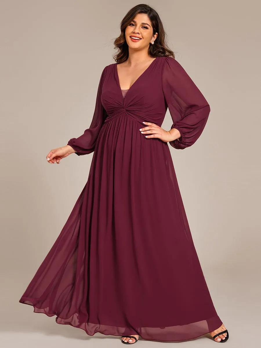 Robe de soirée formelle en mousseline de soie à manches longues et coupe trapèze grande taille