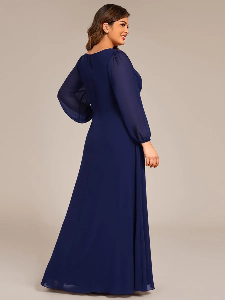Robe de soirée formelle en mousseline de soie à manches longues et coupe trapèze grande taille
