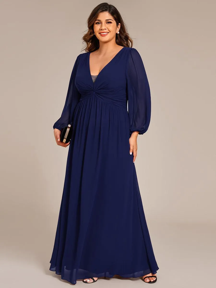 Robe de soirée formelle en mousseline de soie à manches longues et coupe trapèze grande taille