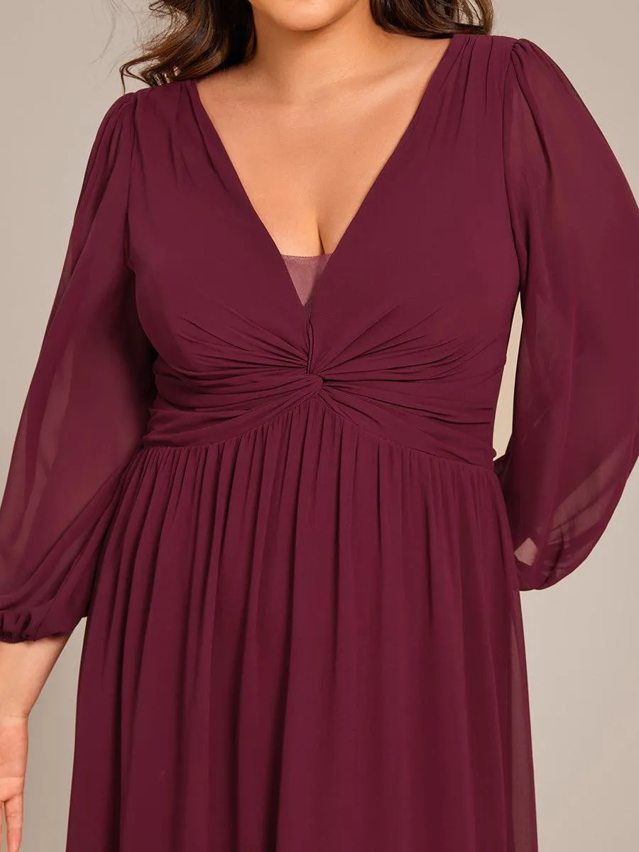 Robe de soirée formelle en mousseline de soie à manches longues et coupe trapèze grande taille