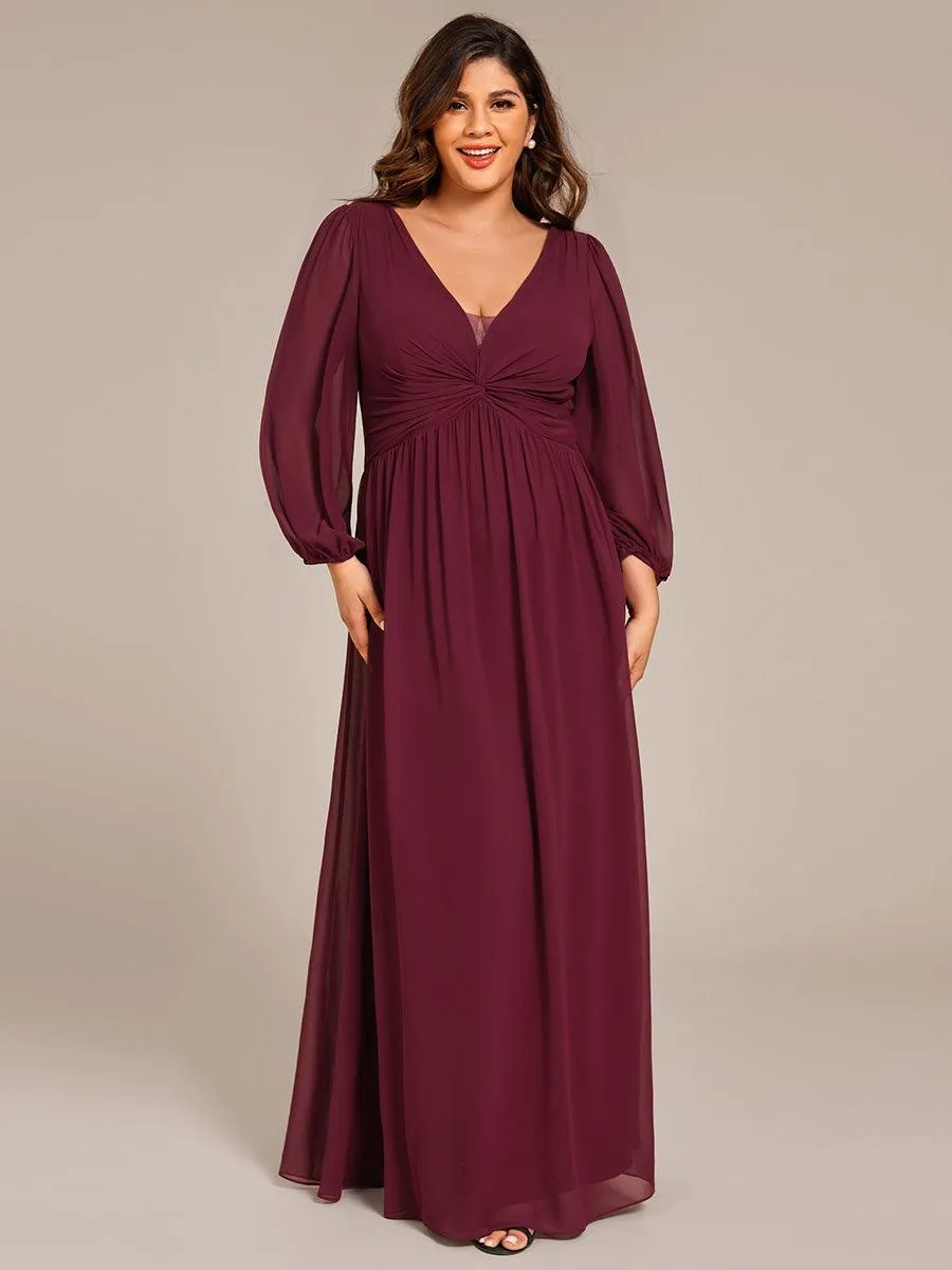 Robe de soirée formelle en mousseline de soie à manches longues et coupe trapèze grande taille