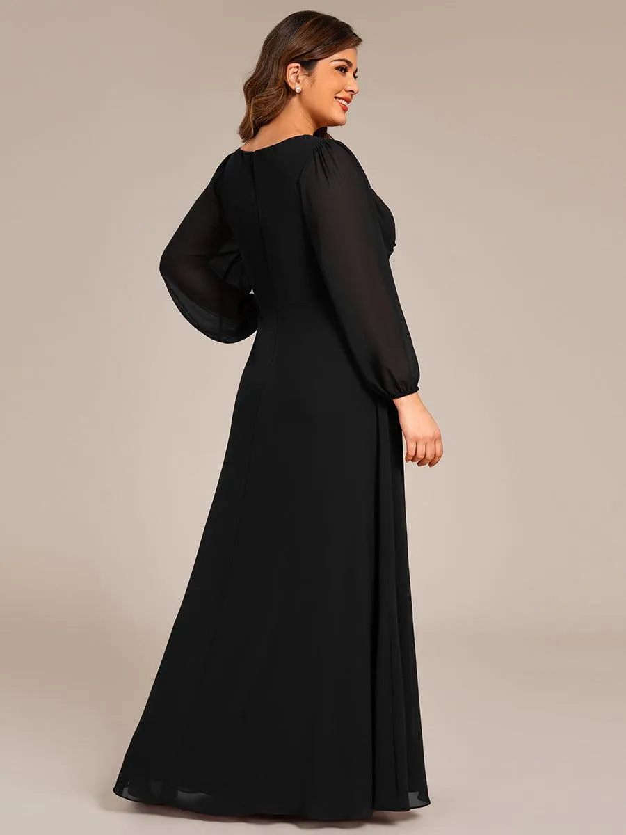 Robe de soirée formelle en mousseline de soie à manches longues et coupe trapèze grande taille