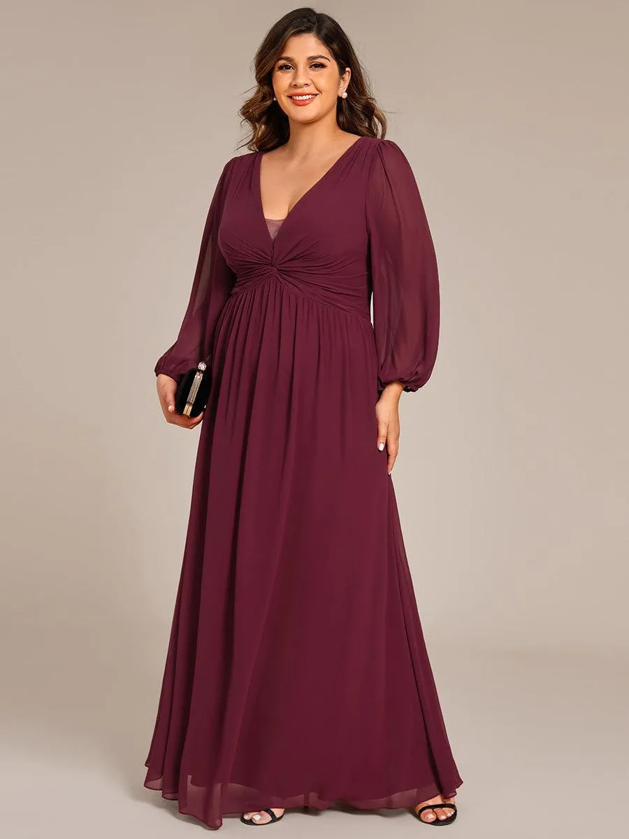 Robe de soirée formelle en mousseline de soie à manches longues et coupe trapèze grande taille