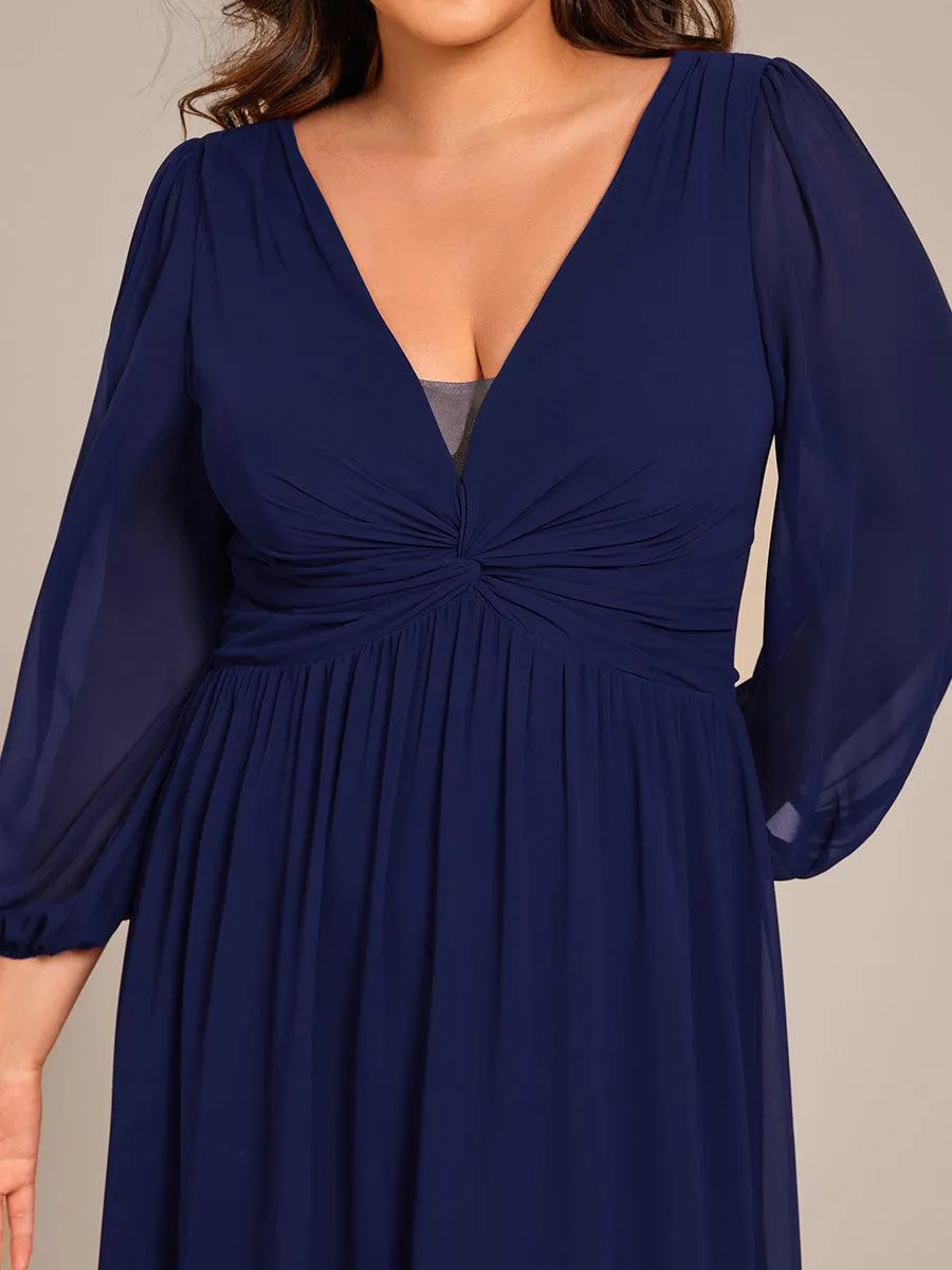 Robe de soirée formelle en mousseline de soie à manches longues et coupe trapèze grande taille