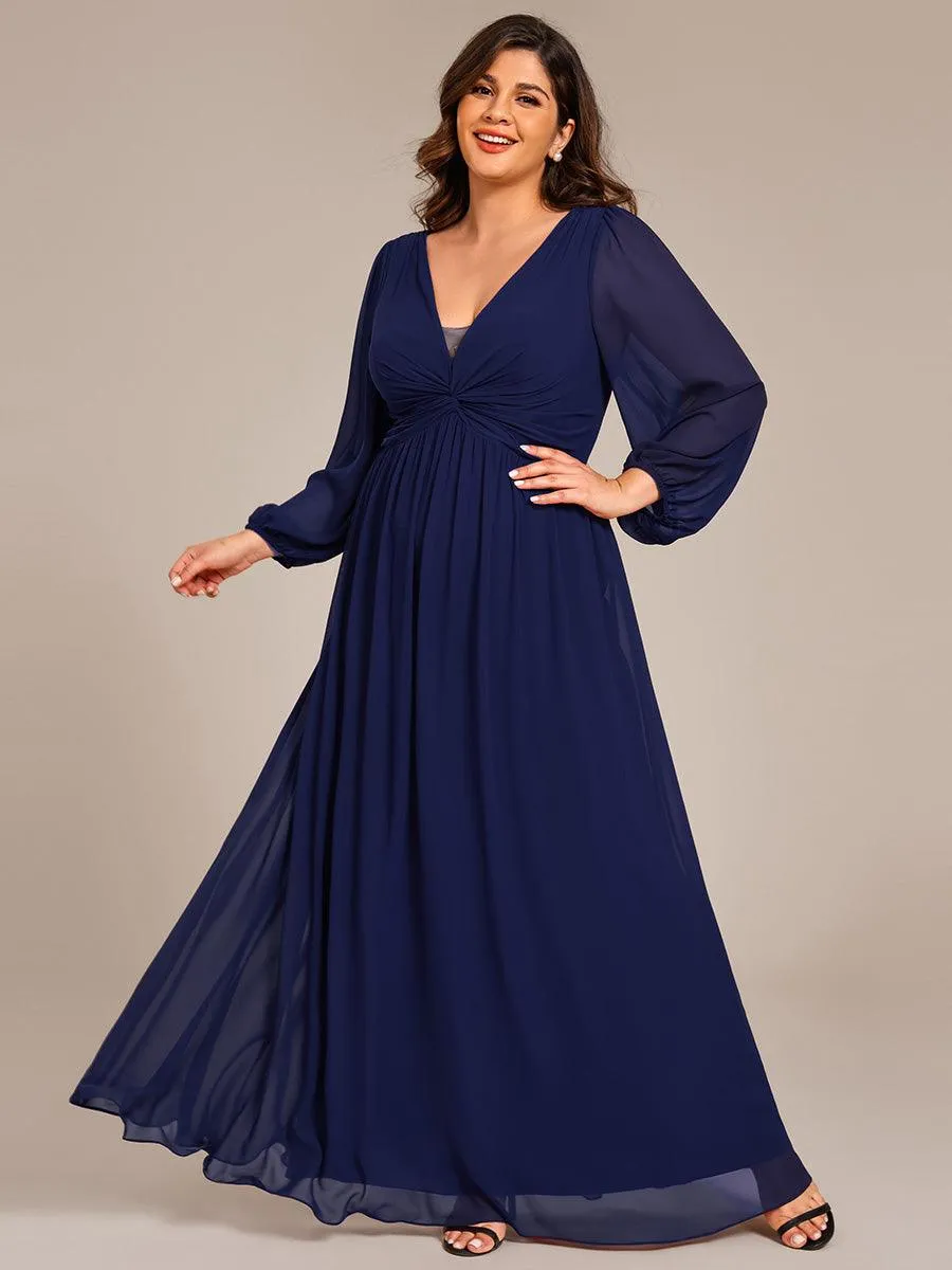 Robe de soirée formelle en mousseline de soie à manches longues et coupe trapèze grande taille
