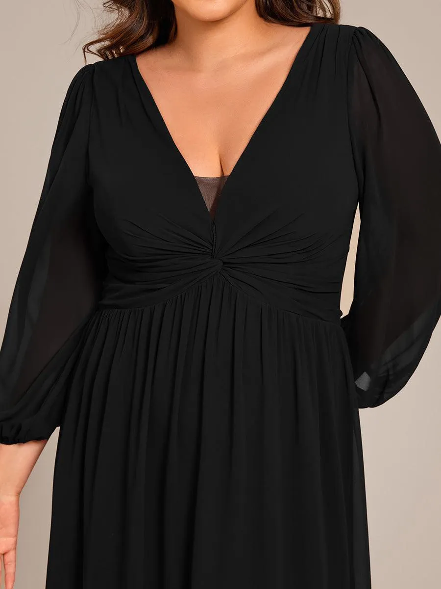 Robe de soirée formelle en mousseline de soie à manches longues et coupe trapèze grande taille