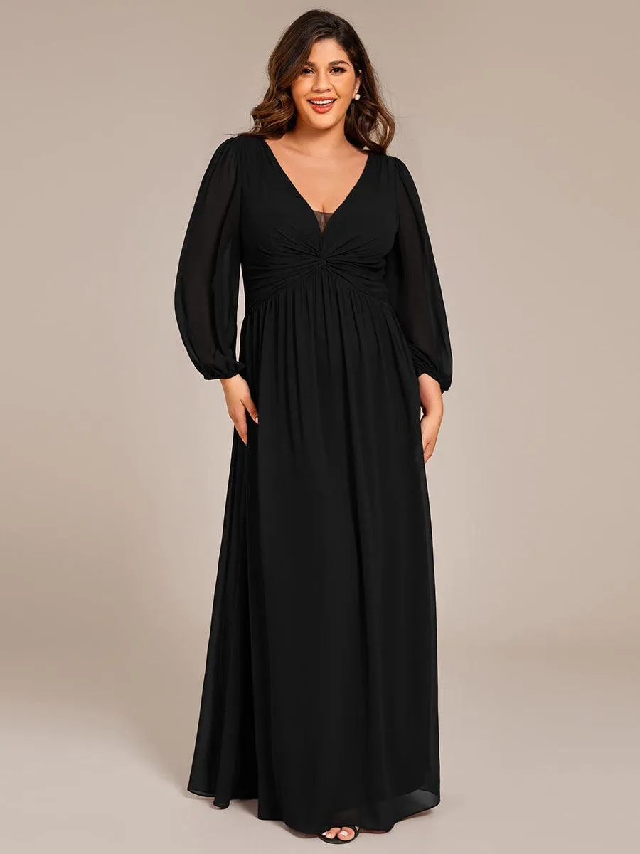 Robe de soirée formelle en mousseline de soie à manches longues et coupe trapèze grande taille