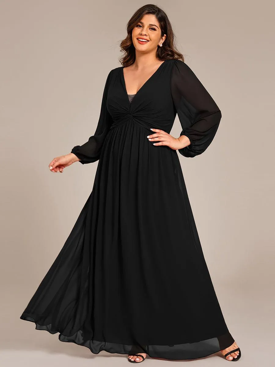 Robe de soirée formelle en mousseline de soie à manches longues et coupe trapèze grande taille