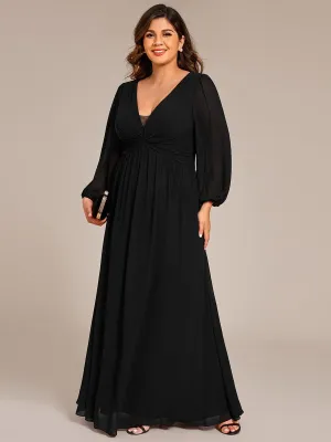 Robe de soirée formelle en mousseline de soie à manches longues et coupe trapèze grande taille