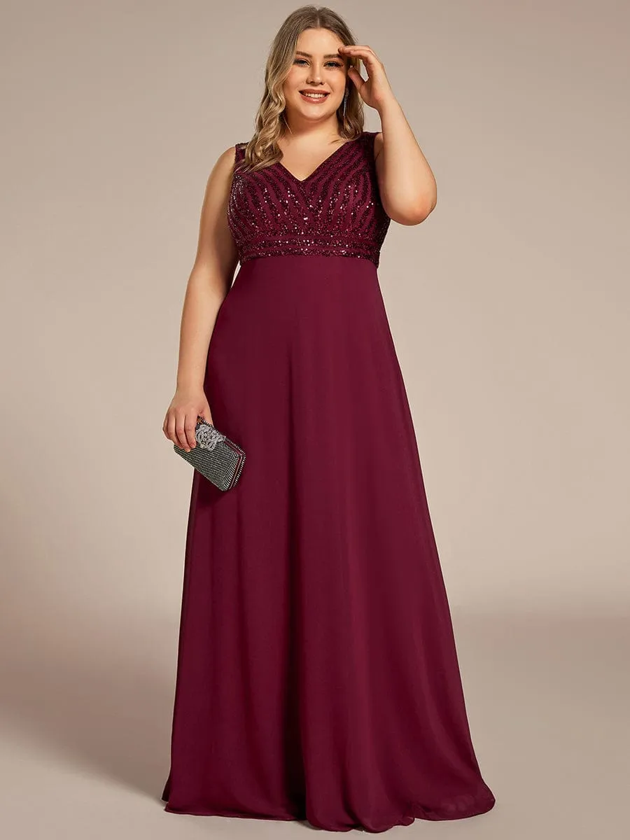 Robe de Soirée Formelle Grande Taille à Paillettes Sans Manches Double Col en V