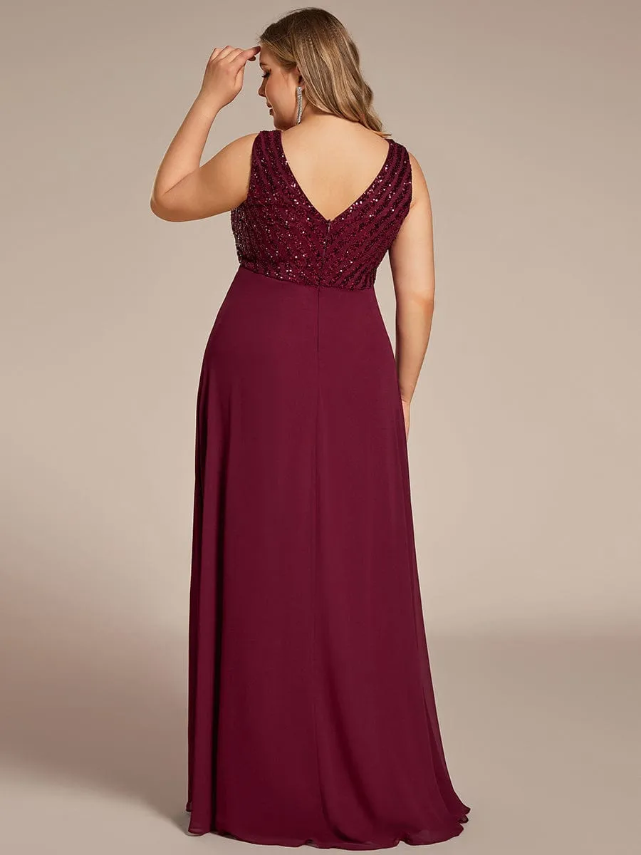 Robe de Soirée Formelle Grande Taille à Paillettes Sans Manches Double Col en V