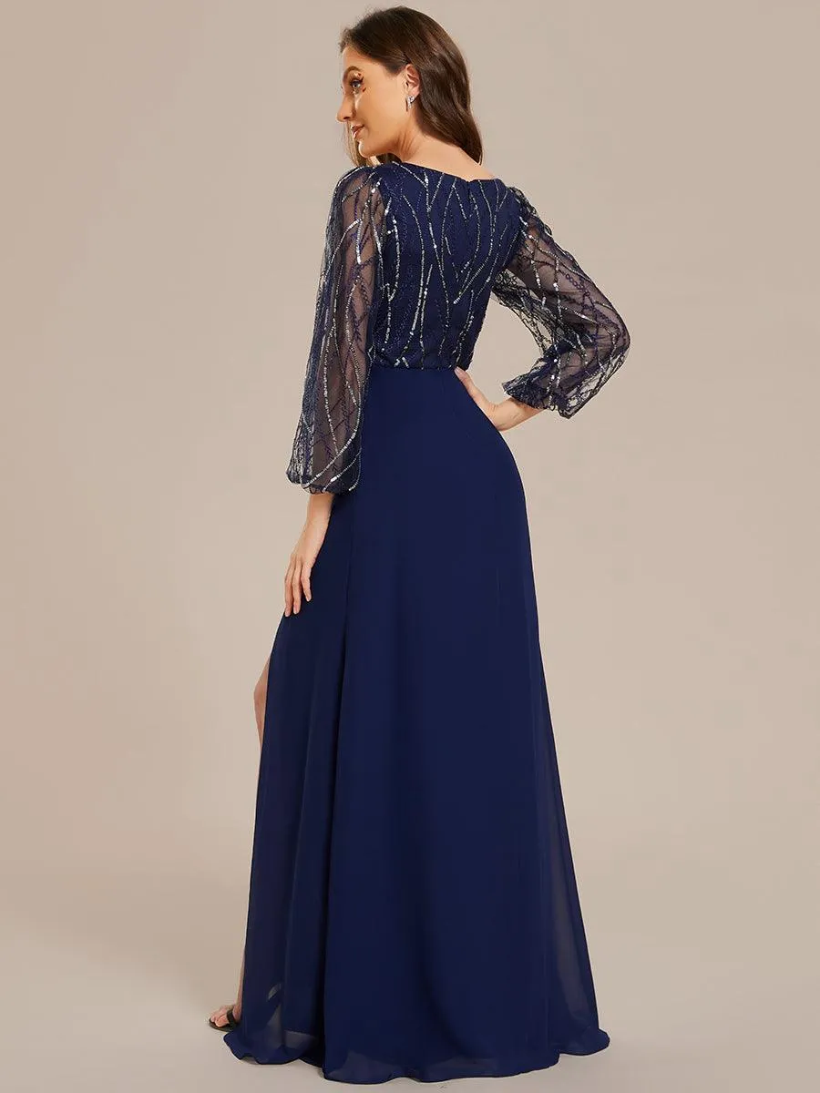 Robe de soirée trapèze en mousseline de soie transparente à paillettes manches longues fente haute