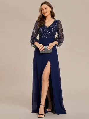 Robe de soirée trapèze en mousseline de soie transparente à paillettes manches longues fente haute