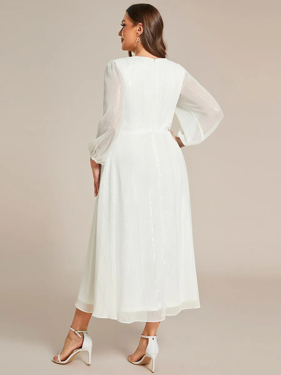 Robe de soirée trapèze scintillante à manches longues et col en V en mousseline de soie avec torsadé