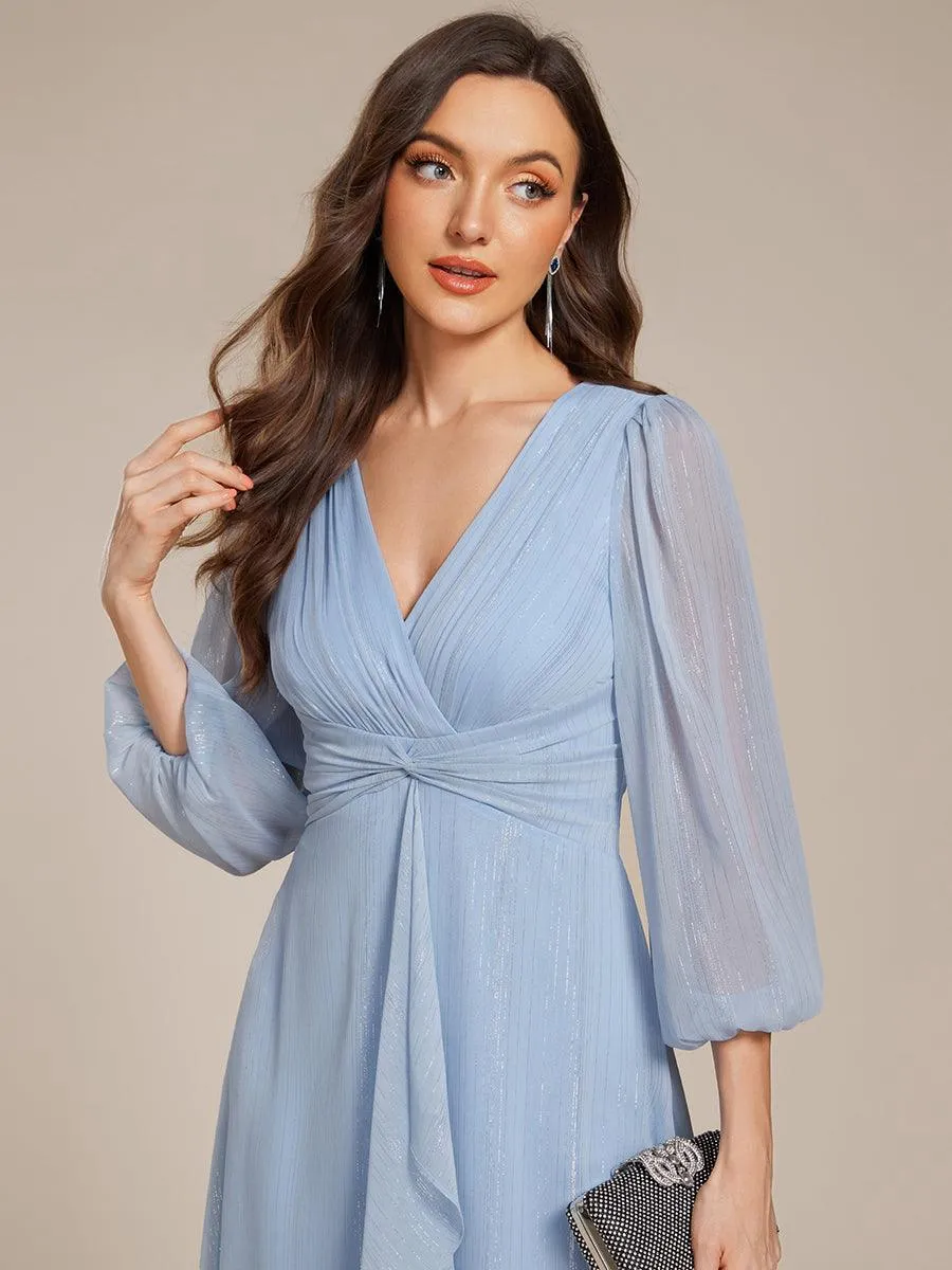 Robe de soirée trapèze scintillante à manches longues et col en V en mousseline de soie avec torsadé