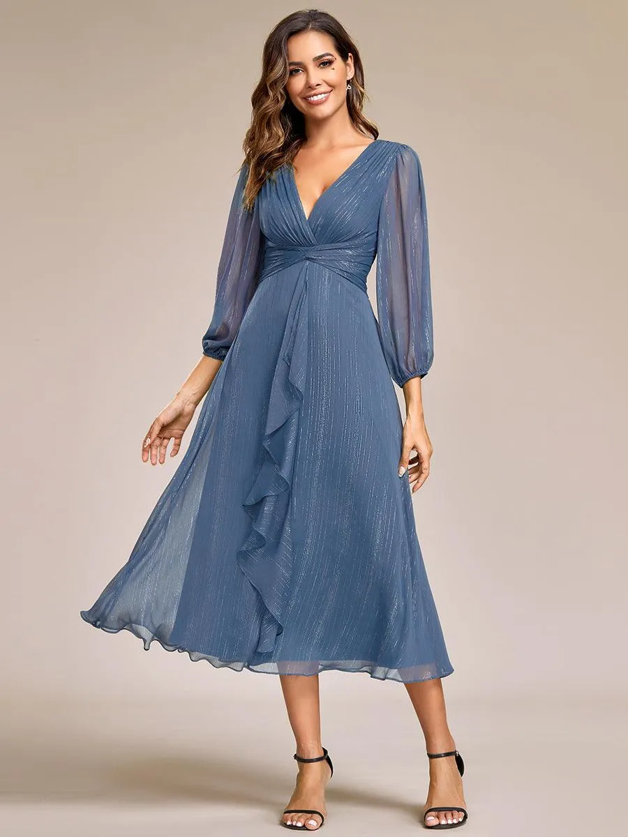 Robe de soirée trapèze scintillante à manches longues et col en V en mousseline de soie avec torsadé