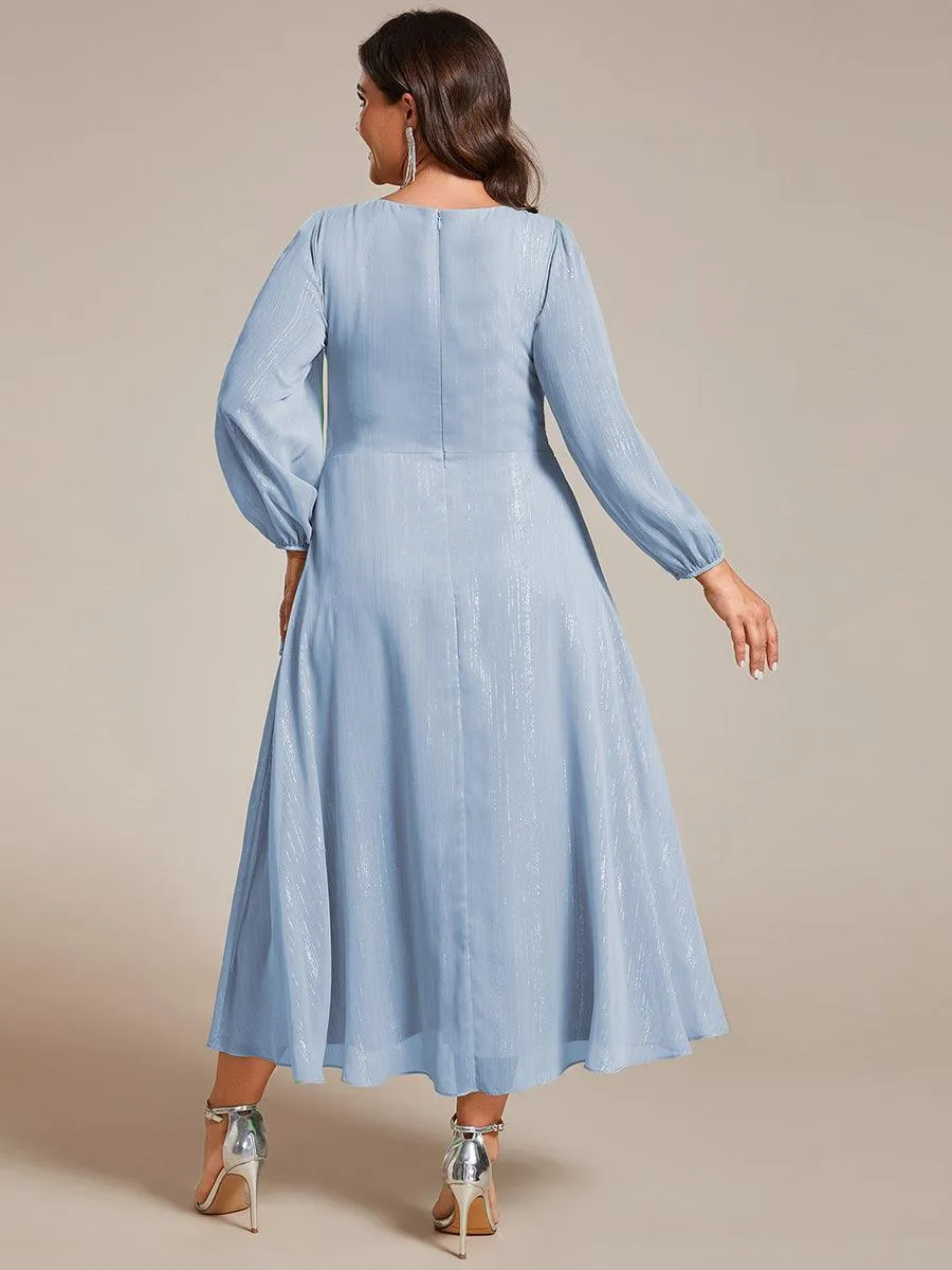 Robe de soirée trapèze scintillante à manches longues et col en V en mousseline de soie avec torsadé
