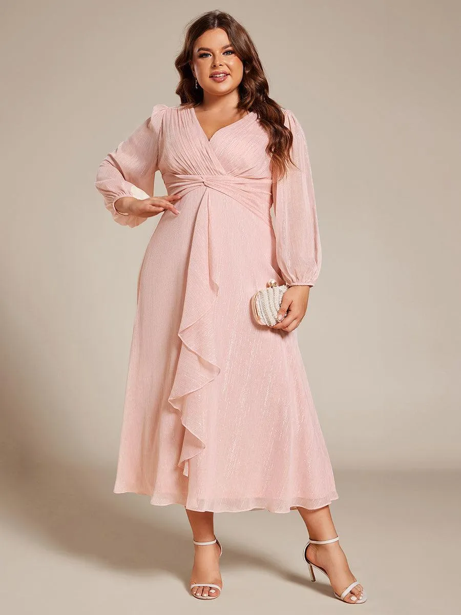Robe de soirée trapèze scintillante à manches longues et col en V en mousseline de soie avec torsadé