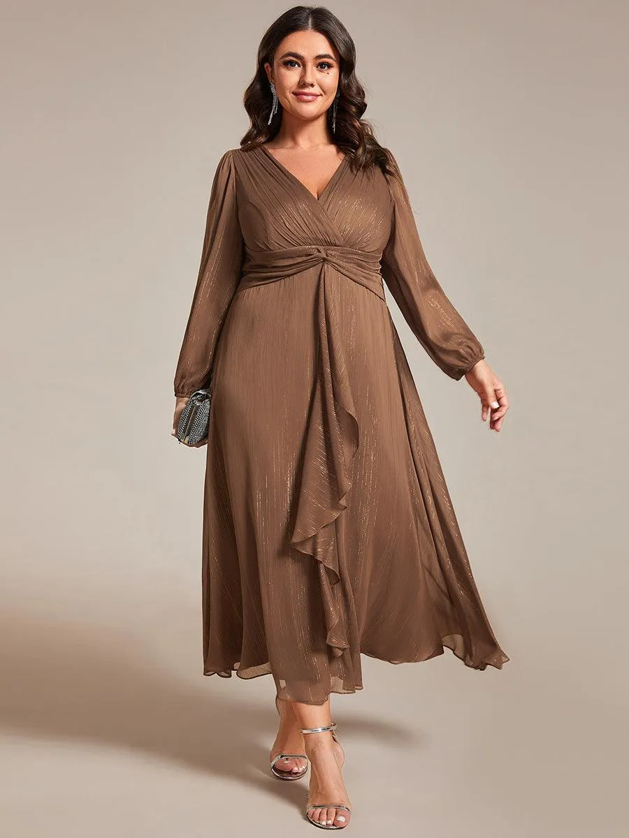 Robe de soirée trapèze scintillante à manches longues et col en V en mousseline de soie avec torsadé