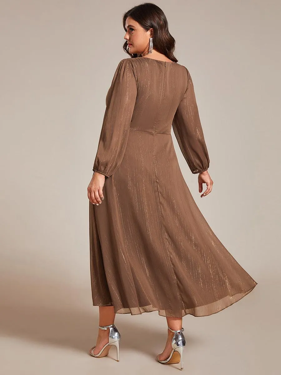 Robe de soirée trapèze scintillante à manches longues et col en V en mousseline de soie avec torsadé