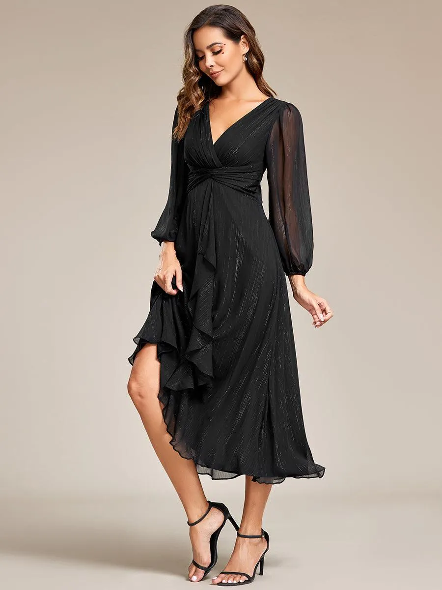 Robe de soirée trapèze scintillante à manches longues et col en V en mousseline de soie avec torsadé