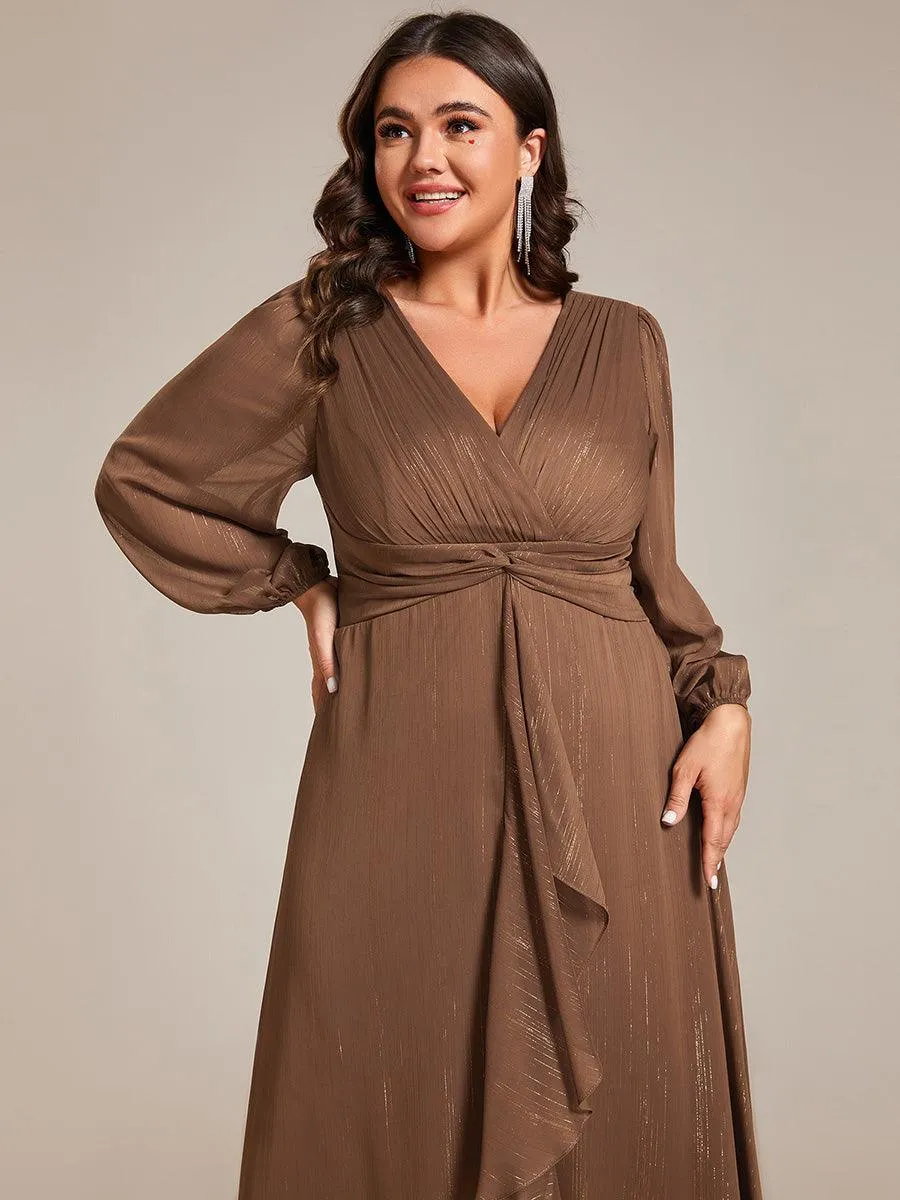 Robe de soirée trapèze scintillante à manches longues et col en V en mousseline de soie avec torsadé