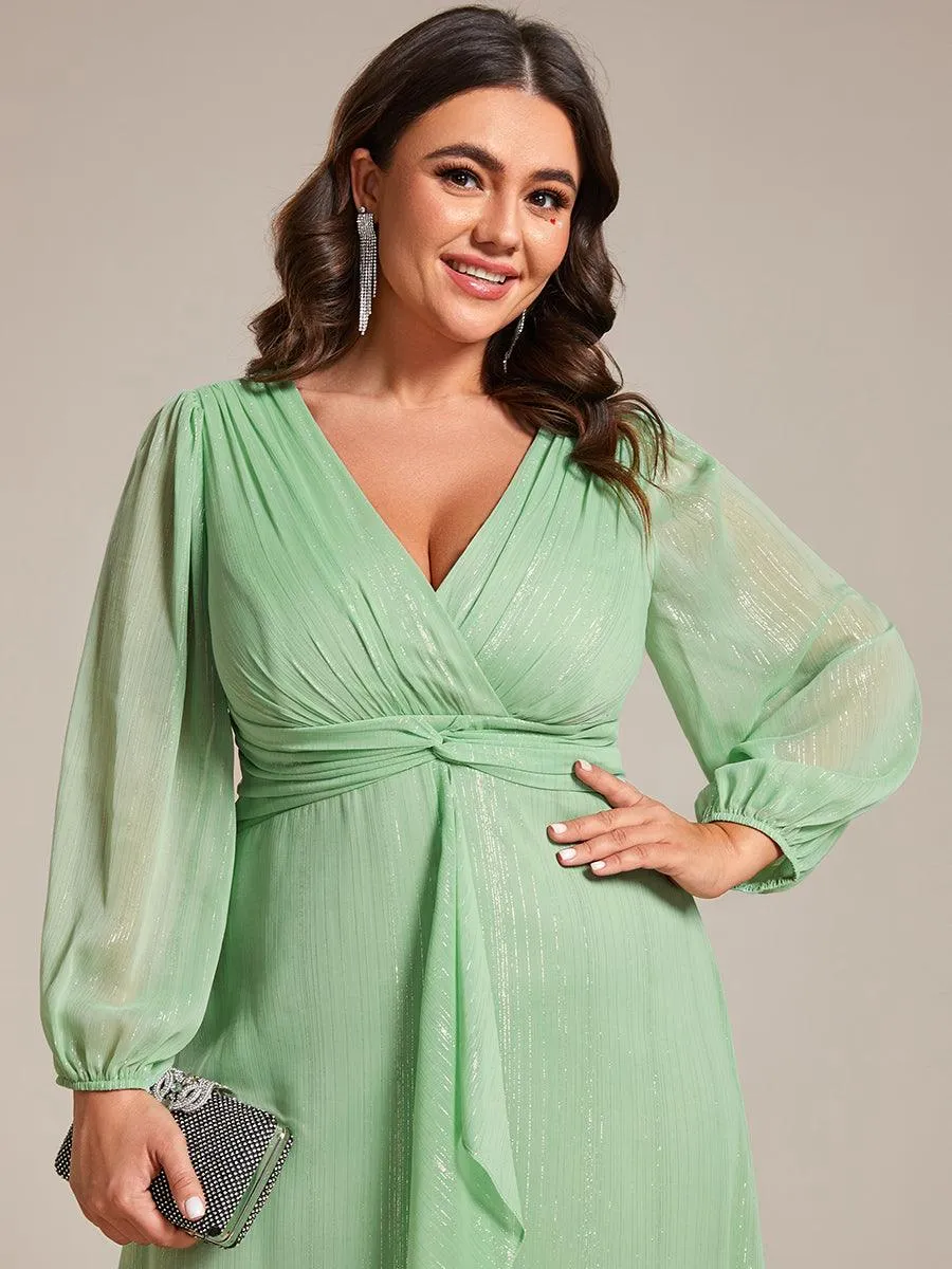 Robe de soirée trapèze scintillante à manches longues et col en V en mousseline de soie avec torsadé