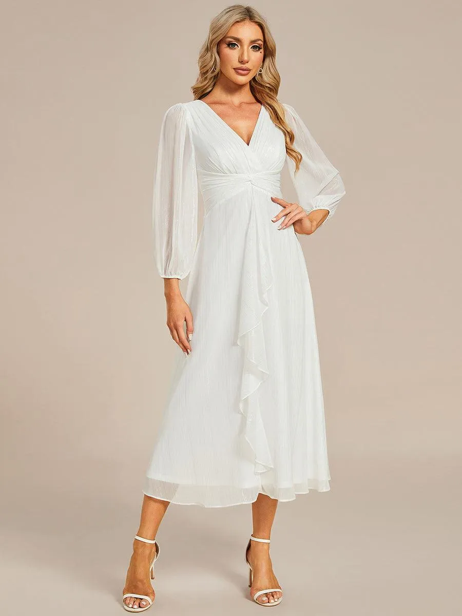 Robe de soirée trapèze scintillante à manches longues et col en V en mousseline de soie avec torsadé