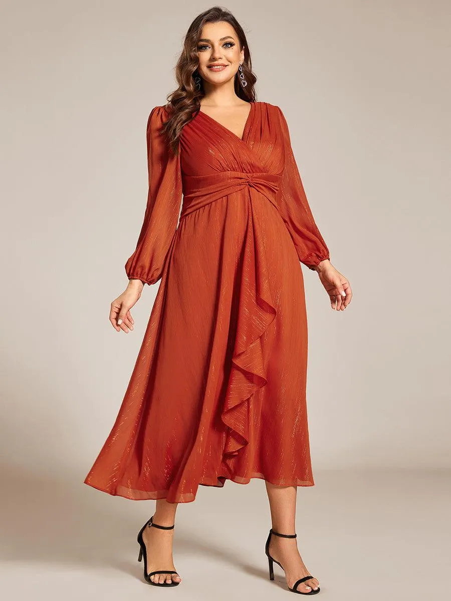 Robe de soirée trapèze scintillante à manches longues et col en V en mousseline de soie avec torsadé