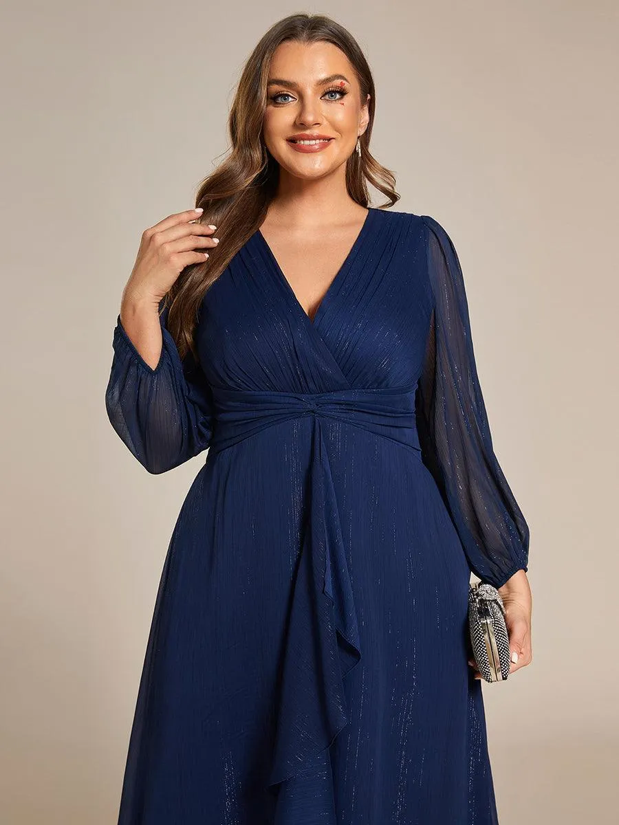 Robe de soirée trapèze scintillante à manches longues et col en V en mousseline de soie avec torsadé