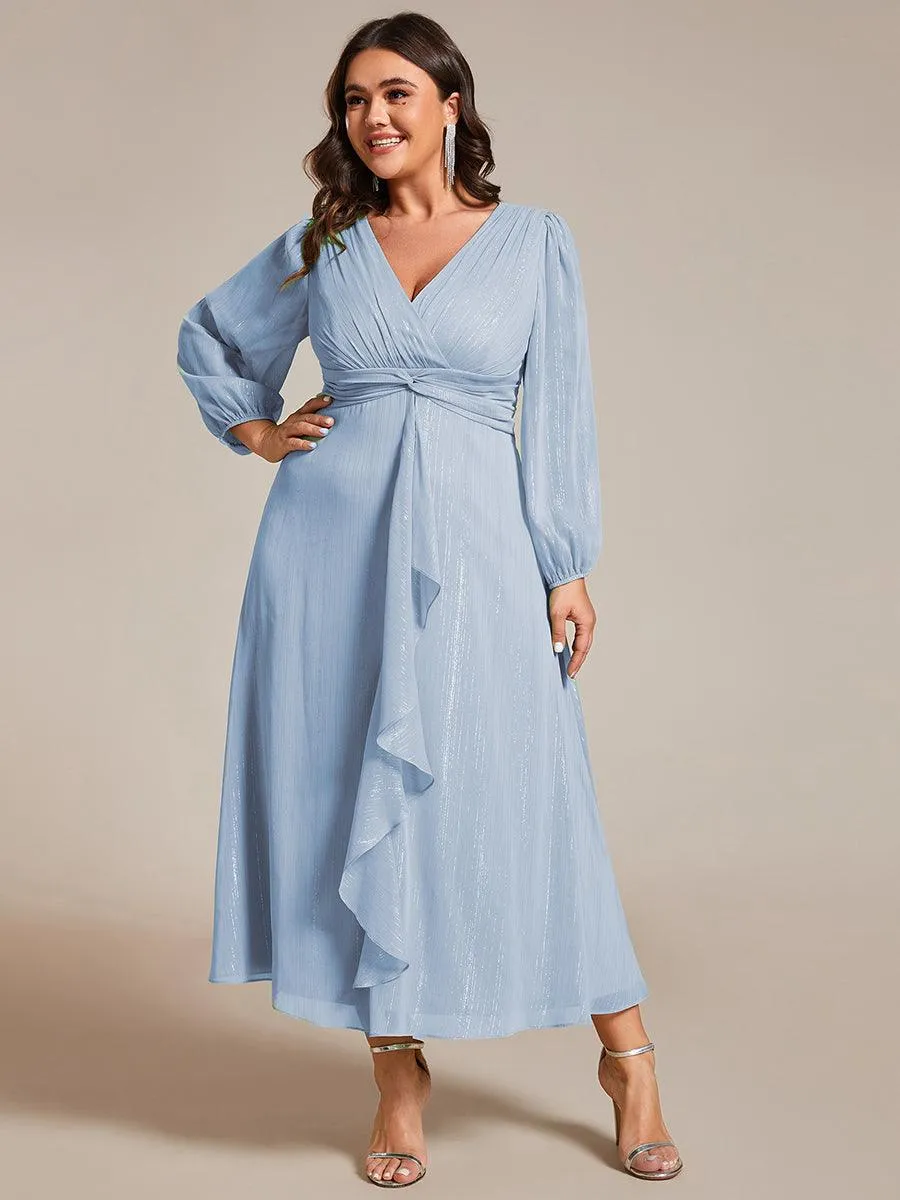 Robe de soirée trapèze scintillante à manches longues et col en V en mousseline de soie avec torsadé
