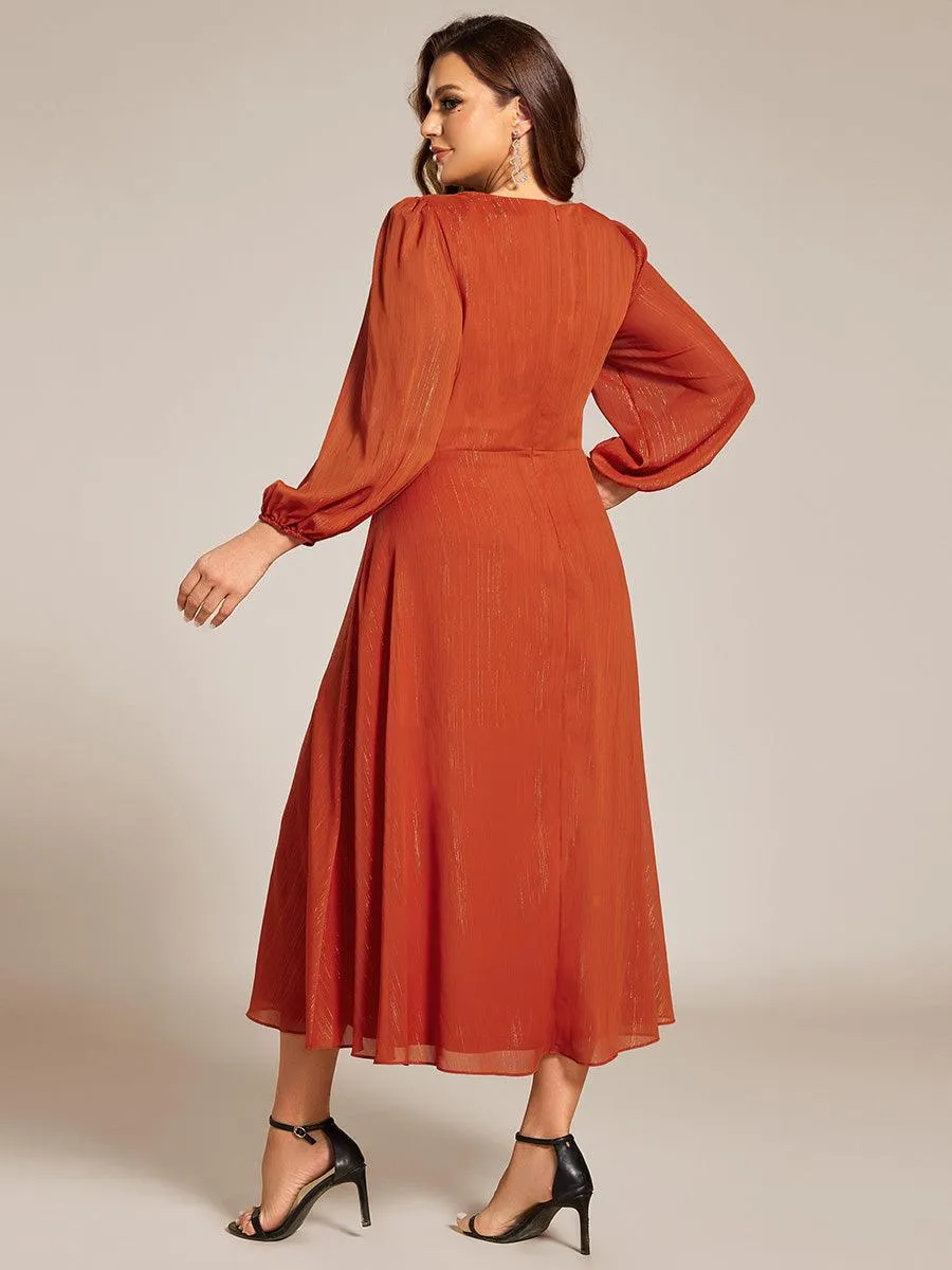 Robe de soirée trapèze scintillante à manches longues et col en V en mousseline de soie avec torsadé