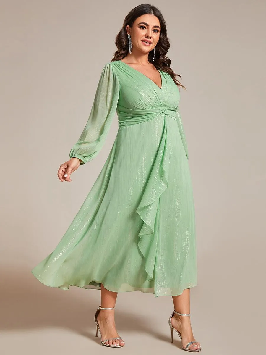 Robe de soirée trapèze scintillante à manches longues et col en V en mousseline de soie avec torsadé