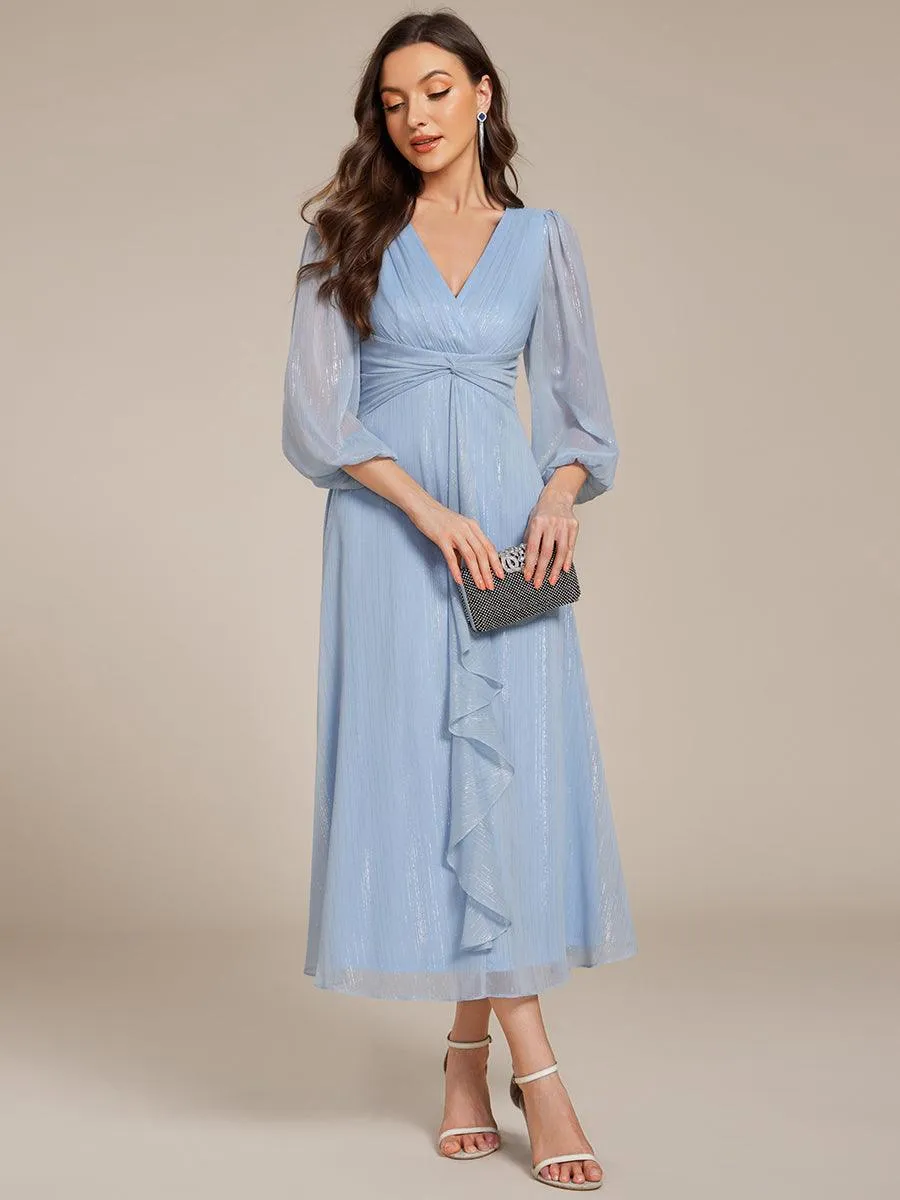 Robe de soirée trapèze scintillante à manches longues et col en V en mousseline de soie avec torsadé