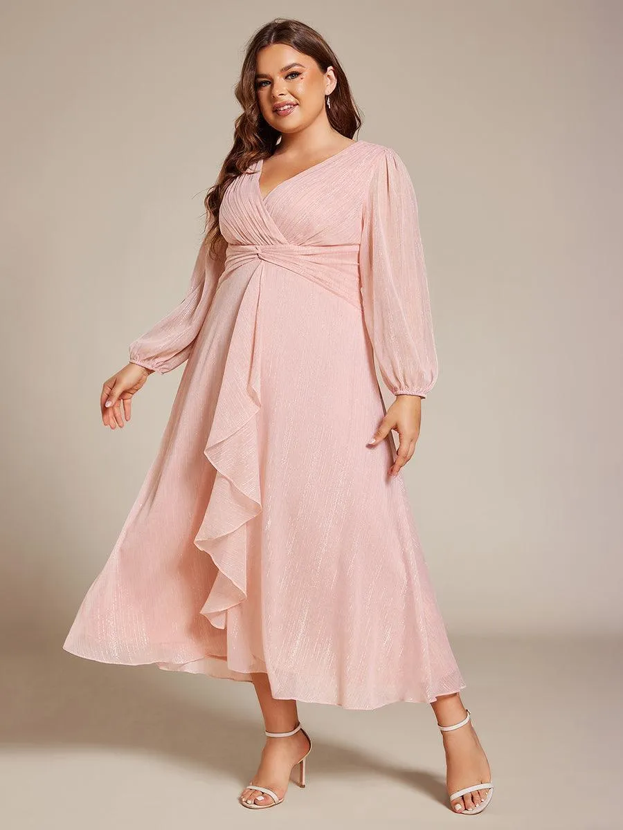 Robe de soirée trapèze scintillante à manches longues et col en V en mousseline de soie avec torsadé