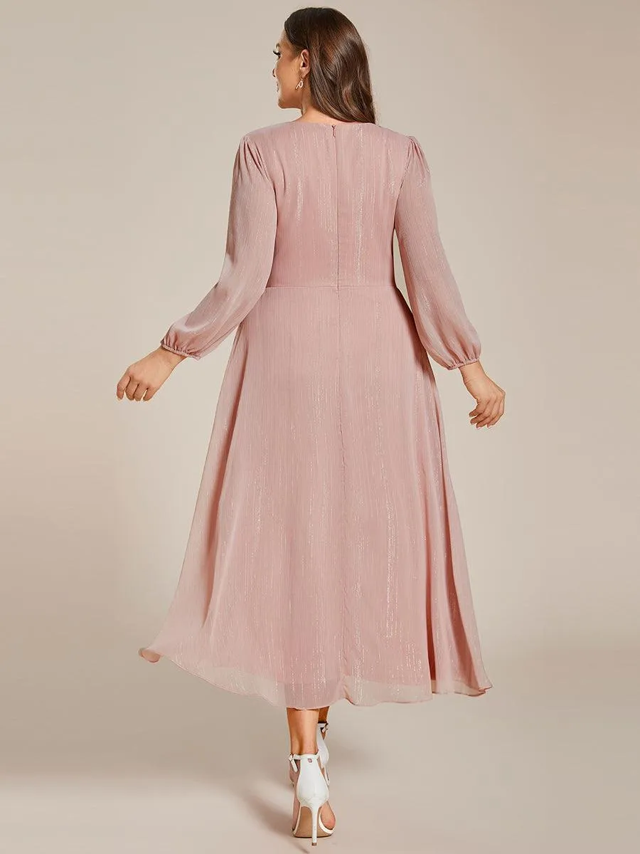 Robe de soirée trapèze scintillante à manches longues et col en V en mousseline de soie avec torsadé