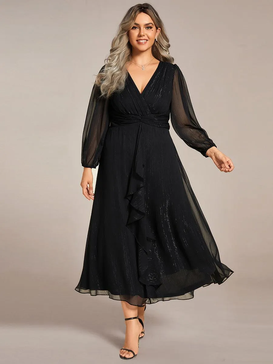 Robe de soirée trapèze scintillante à manches longues et col en V en mousseline de soie avec torsadé