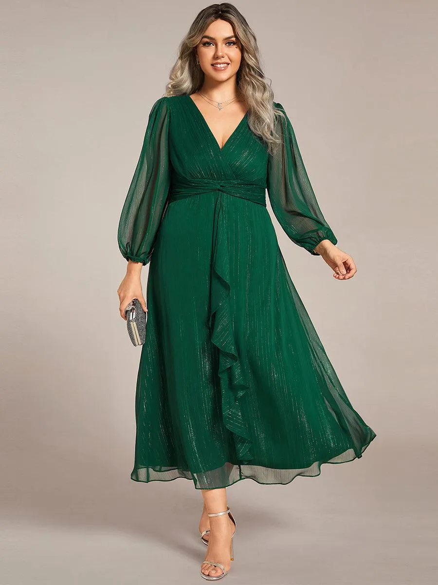 Robe de soirée trapèze scintillante à manches longues et col en V en mousseline de soie avec torsadé