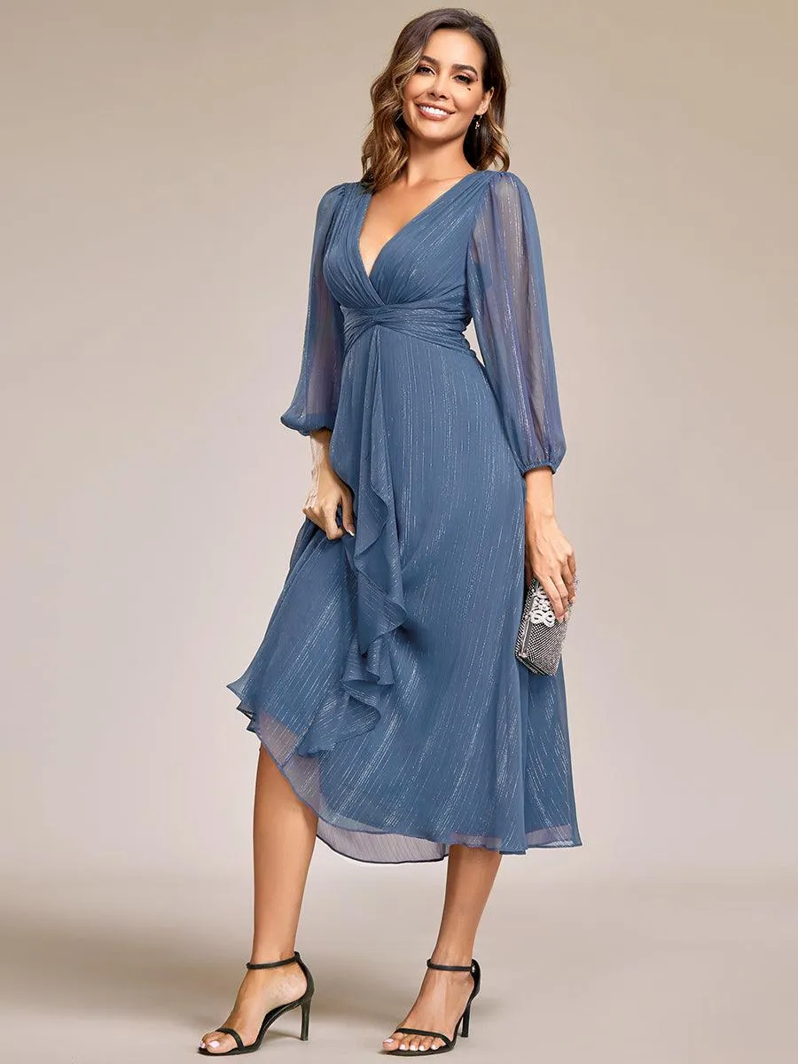 Robe de soirée trapèze scintillante à manches longues et col en V en mousseline de soie avec torsadé
