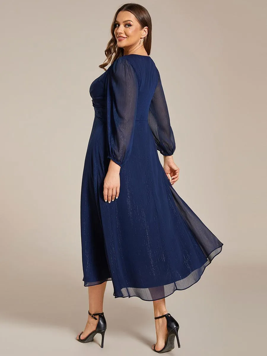 Robe de soirée trapèze scintillante à manches longues et col en V en mousseline de soie avec torsadé