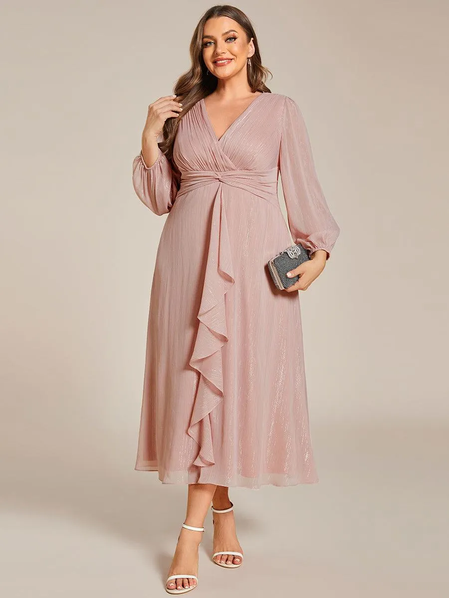 Robe de soirée trapèze scintillante à manches longues et col en V en mousseline de soie avec torsadé