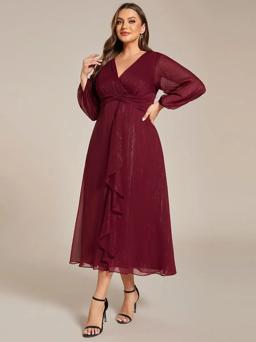 Robe de soirée trapèze scintillante à manches longues et col en V en mousseline de soie avec torsadé